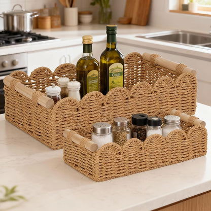 Regine Switzerland Set of 2 Paper Rope Baskets - Scalloped Edge Storage for Bathroom & Living Room | Neutral Color with Wooden Handles