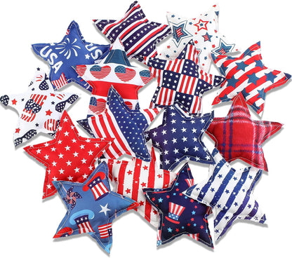 Oudain 15 Pcs Large 5-Inch Patriotic Star Tree Ornaments - Red, White & Blue Fabric Decor for 4th of July