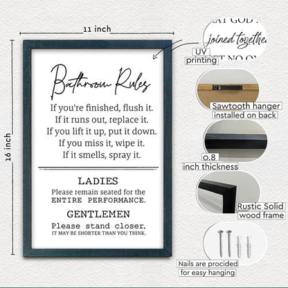 Bathroom Rules Wall Decor - Humorous 16" x 11" Restroom Sign | Modern Framed Art in Black