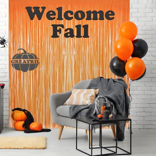 GREATRIL Orange Tinsel Curtain Backdrop - Foil Fringe Party Streamers for Fall & Thanksgiving | 2 Packs