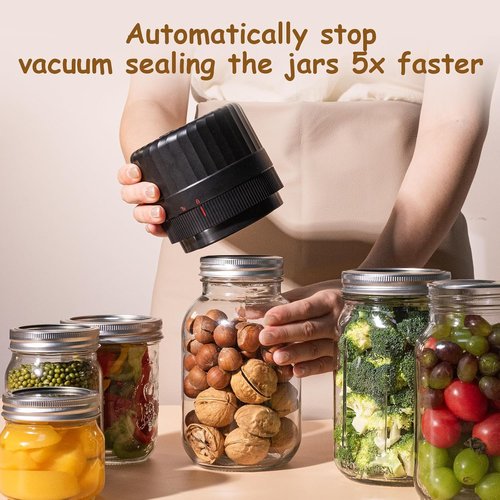 Electric Mason Jar Vacuum Sealer - Fully Automatic Kit for Regular & Wide Mouth Jars | Essential Tool for Canned Foods - Black