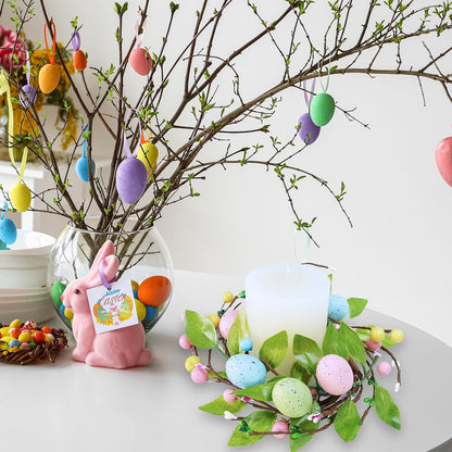 Winlyn Easter Egg Candle Rings - 4 Pcs Spring Wreaths with Pastel Eggs & Foliage | 11" Table Centerpiece Decor