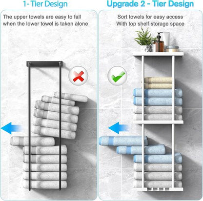 Liuoud Towel Rack - Wall Mounted Vertical Towel Storage Organizer with Shelf | Holds 6 Large Bath Sheets - White