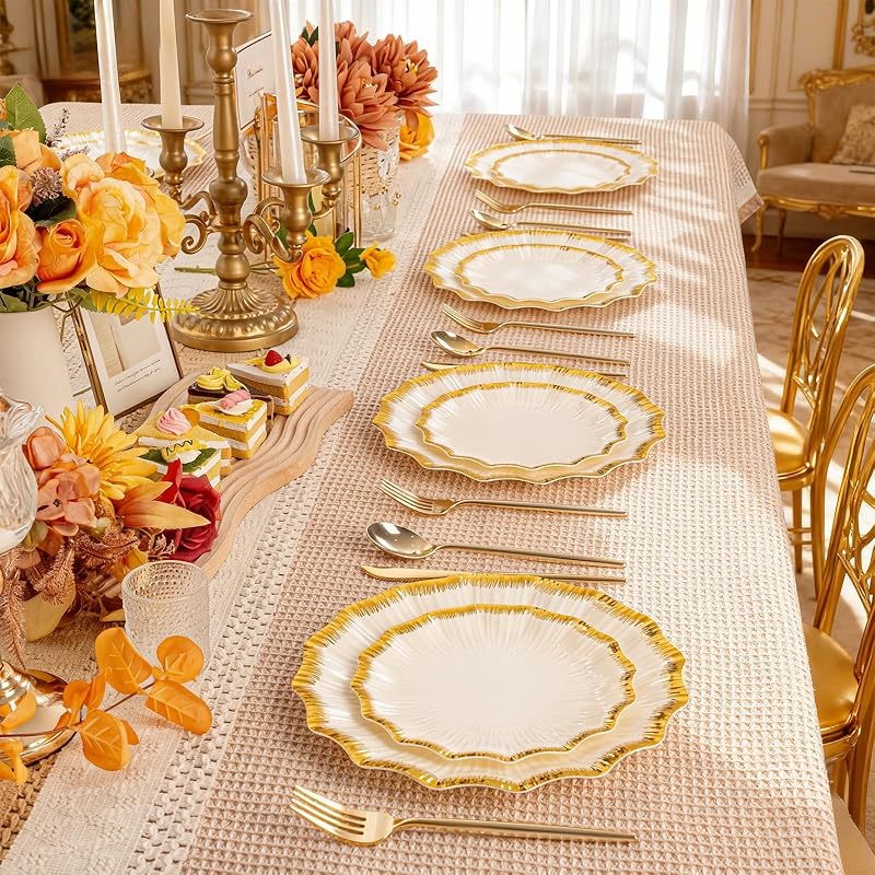Ivory Plastic Plates with Gold Rim - 60Pcs, Disposable Tableware (Variation: Ivory)