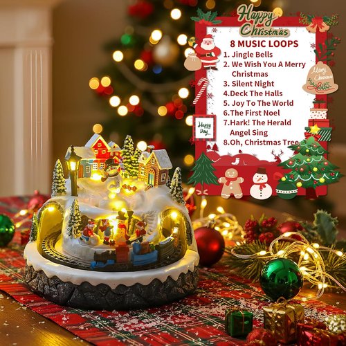 Christmas Village Decoration - Spinning Train & Snowman, Musical Collectible Buildings with LED Lights & Timer Function