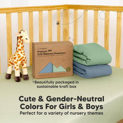 2-Pack Waterproof Crib Mattress Protector Cover Fitted - Quiet Baby Crib Mattress Pad Sheets, 52" x 28" Soft Quilted Cotton Baby Sheet, Machine Washable, Easy Fit, Durable (Lagoon/Quin)