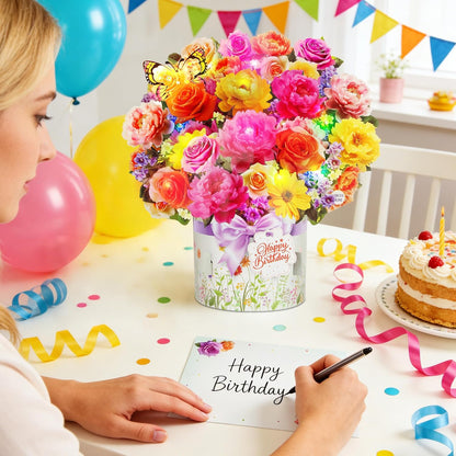 XTF2015 Birthday Cards - 3D Pop-Up Music & Lights | Peony & Butterfly Design, 13 Inch Forever Flower Bouquet