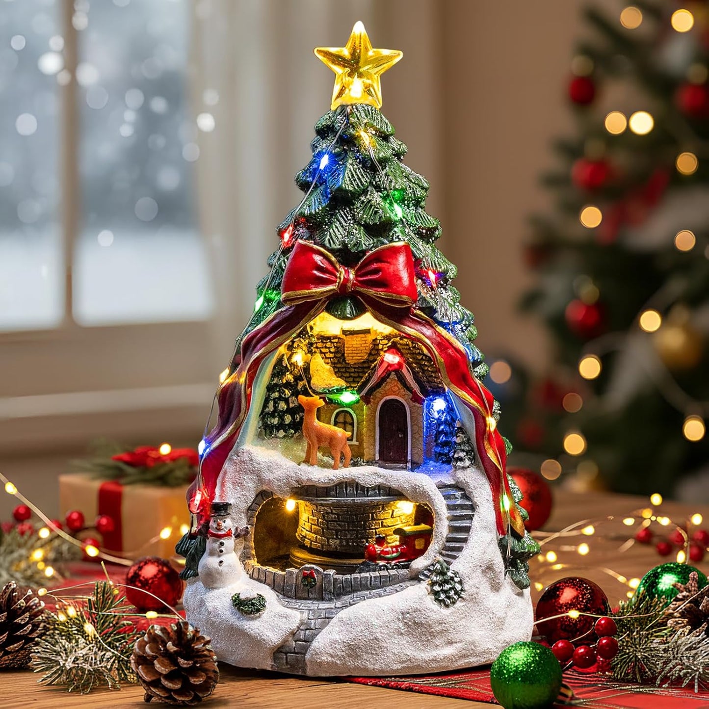MXwcy Animated Musical Christmas Tree Village - Lighted Figurine with Spinning Santa Train | Plays 8 Holiday Carols, Perfect Tabletop Decor