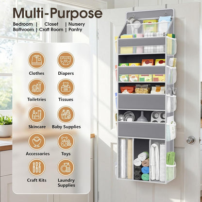 WISELIFE 5-Tier Over the Door Organizer - Heavy-Duty 50LB Capacity with 5 Spacious & 13 Mesh Pockets | Gray
