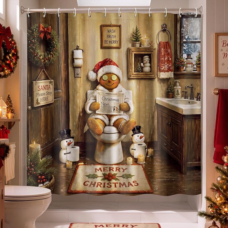 Irenare Toilet Relax Gingerbread Shower Curtain Set with 12 Hooks - 72 x 72 Inches
