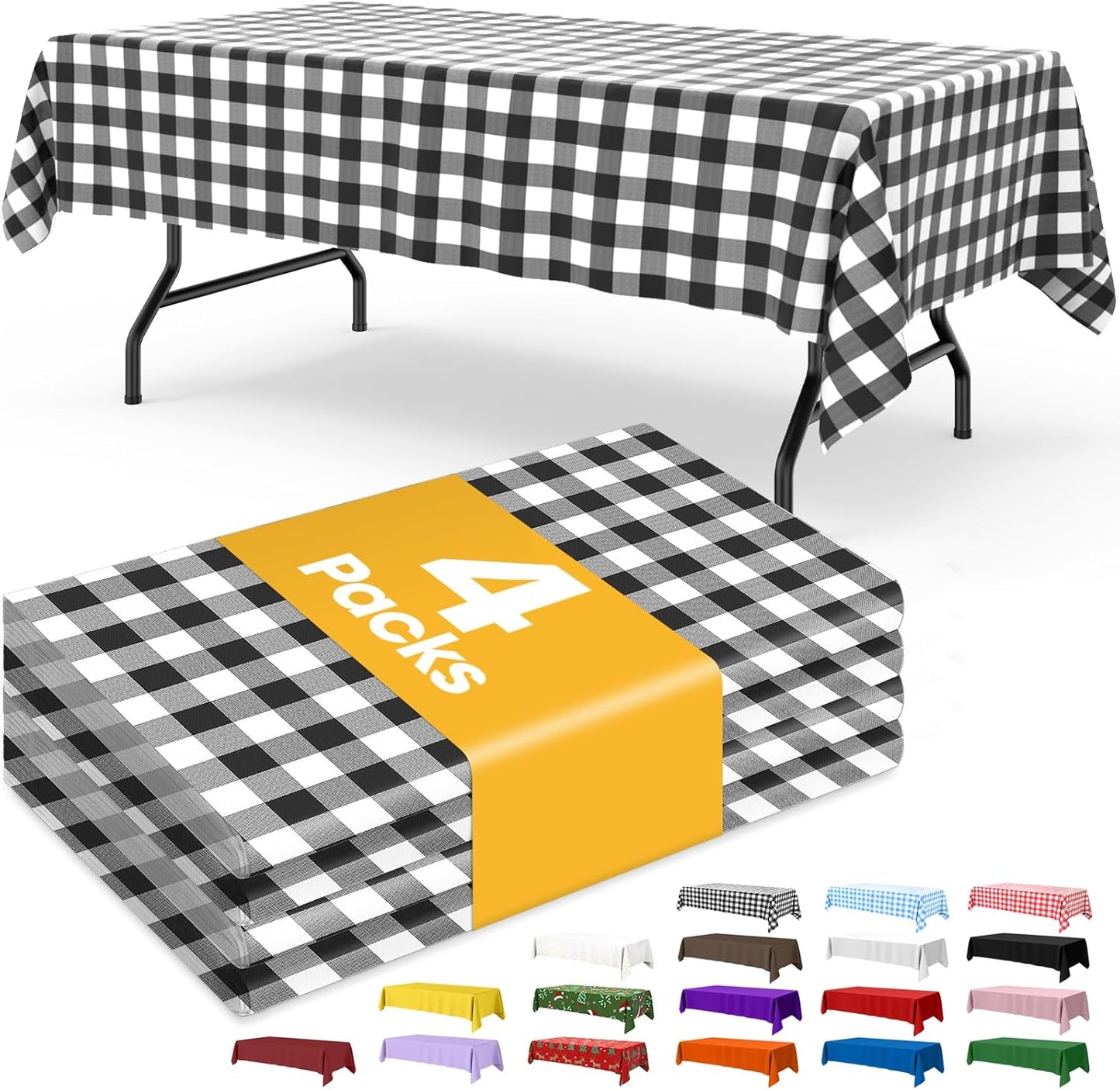 Niuara Black Checkered Tablecloths - 4 Pack Disposable 54" × 108" for 6FT Tables | Perfect for Parties & Gatherings