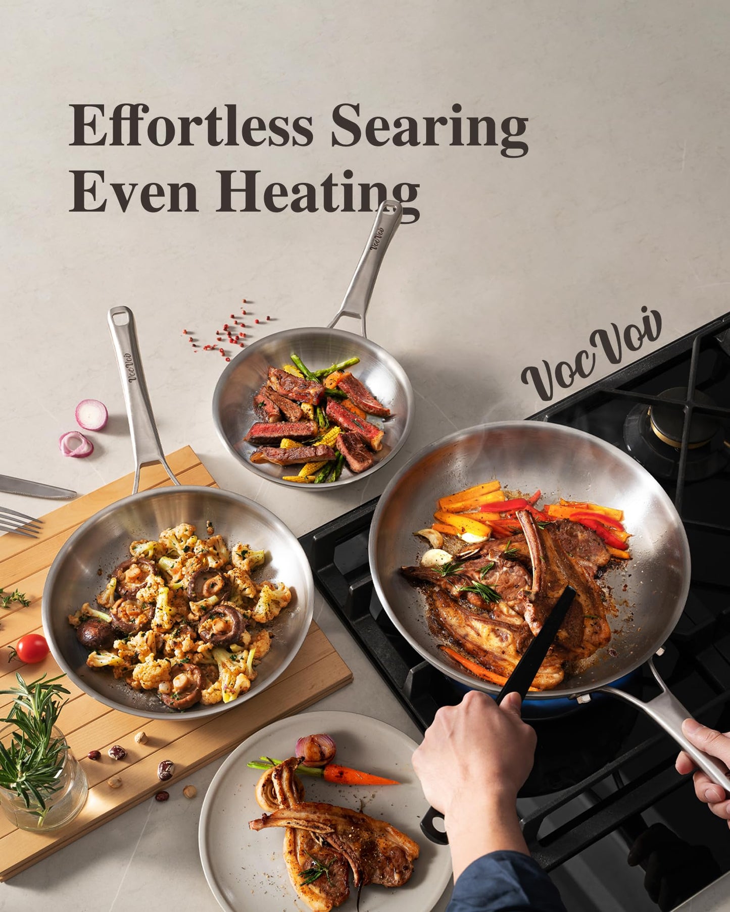 VocVoi 12 inch Tri-Ply Stainless Steel Pan,PFOA&PTFE Free Skillets,Chef's Pans,Dishwasher and Oven Safe Cookware, Works on Induction,Ceramic and Gas Cooktops