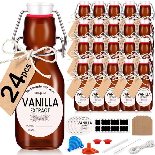 24 Pack 4 oz Swing Top Glass Bottles Amber Flip Top Glass Bottles Vanilla Extract Bottle with Airtight Lid Flip Top Beer Brewing Bottle for 2nd Fermentation Vanilla Extract Kombucha Beverage Soda