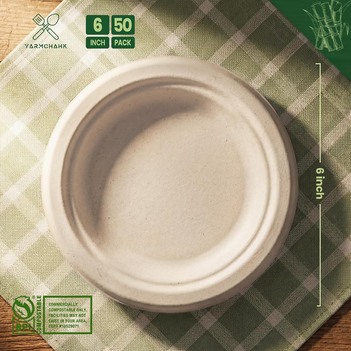 Skiennix Heavy Duty Disposable Paper Plates - Soak & Cut Proof Biodegradable Bagasse | 6 Inch, 50 Pack
