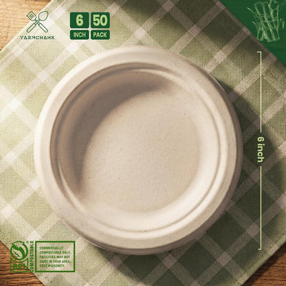 Skiennix Heavy Duty Disposable Paper Plates - Soak & Cut Proof Biodegradable Bagasse | 6 Inch, 50 Pack