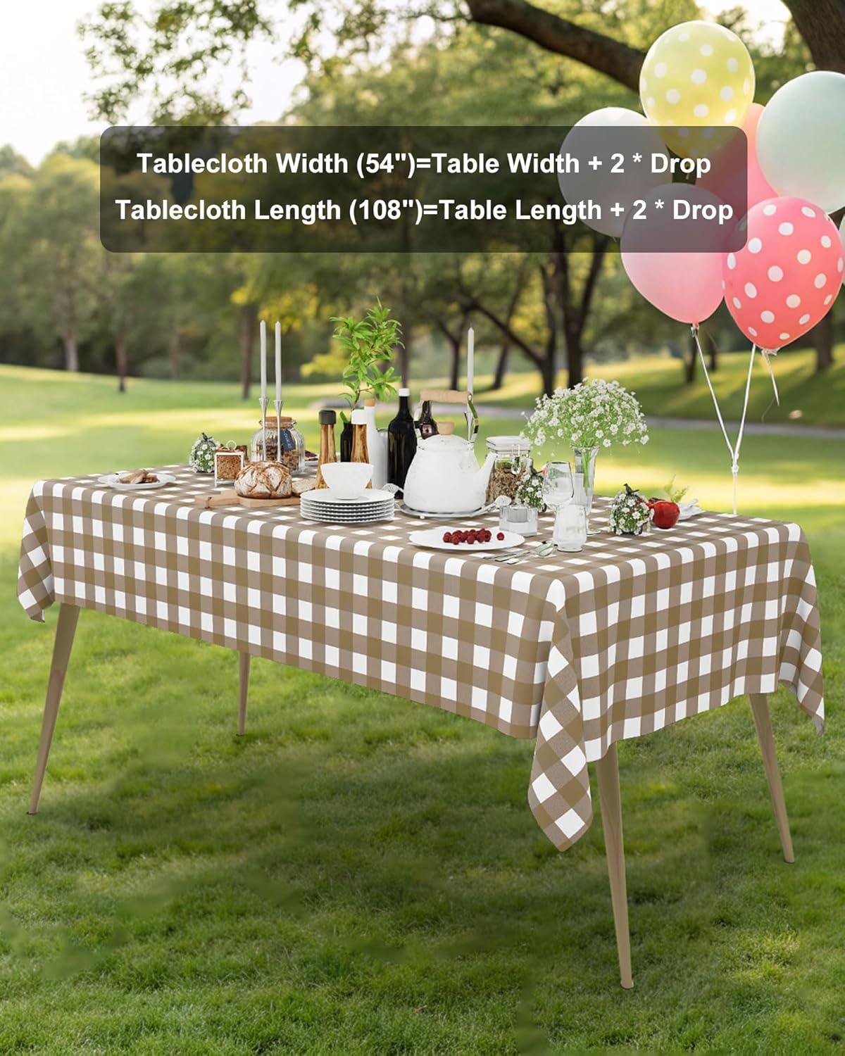 Smiry Gingham Disposable Tablecloths - 8 Packs of Waterproof 54 x 108 Inch Khaki & White Covers for Parties