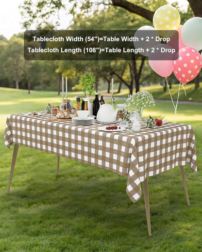 Smiry Gingham Disposable Tablecloths - 8 Packs of Waterproof 54 x 108 Inch Khaki & White Covers for Parties