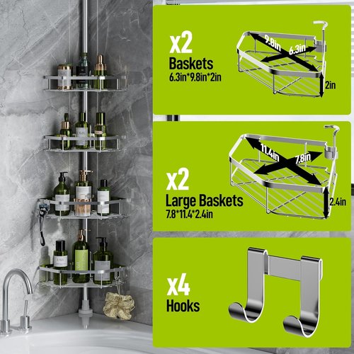 LAMU Shower Caddy - Adjustable 4-Tier Corner Tension Pole Organizer with Strong Spring & 4 Hooks | Silver