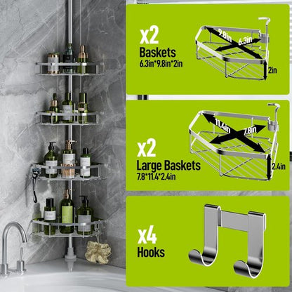 LAMU Shower Caddy - Adjustable 4-Tier Corner Tension Pole Organizer with Strong Spring & 4 Hooks | Silver
