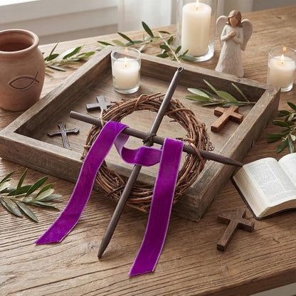Dingion Mini Crown of Thorns Nail Cross Wreath Decor - 7in Purple Velvet Ribbon for Easter & Lent