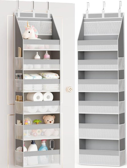 Criusia Over The Door Organizer - Heavy-Duty 6-Shelf Storage with 13 Mesh Pockets | 55lbs Capacity, Grey