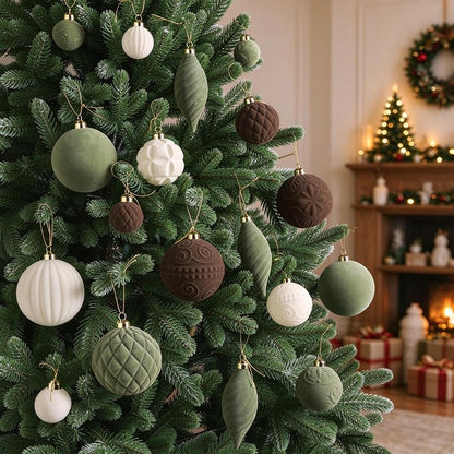 52 Pcs Velvet Christmas Ornaments Set - Flocked Shatterproof Balls, Brown Cream Green (Variation of THIS listing)