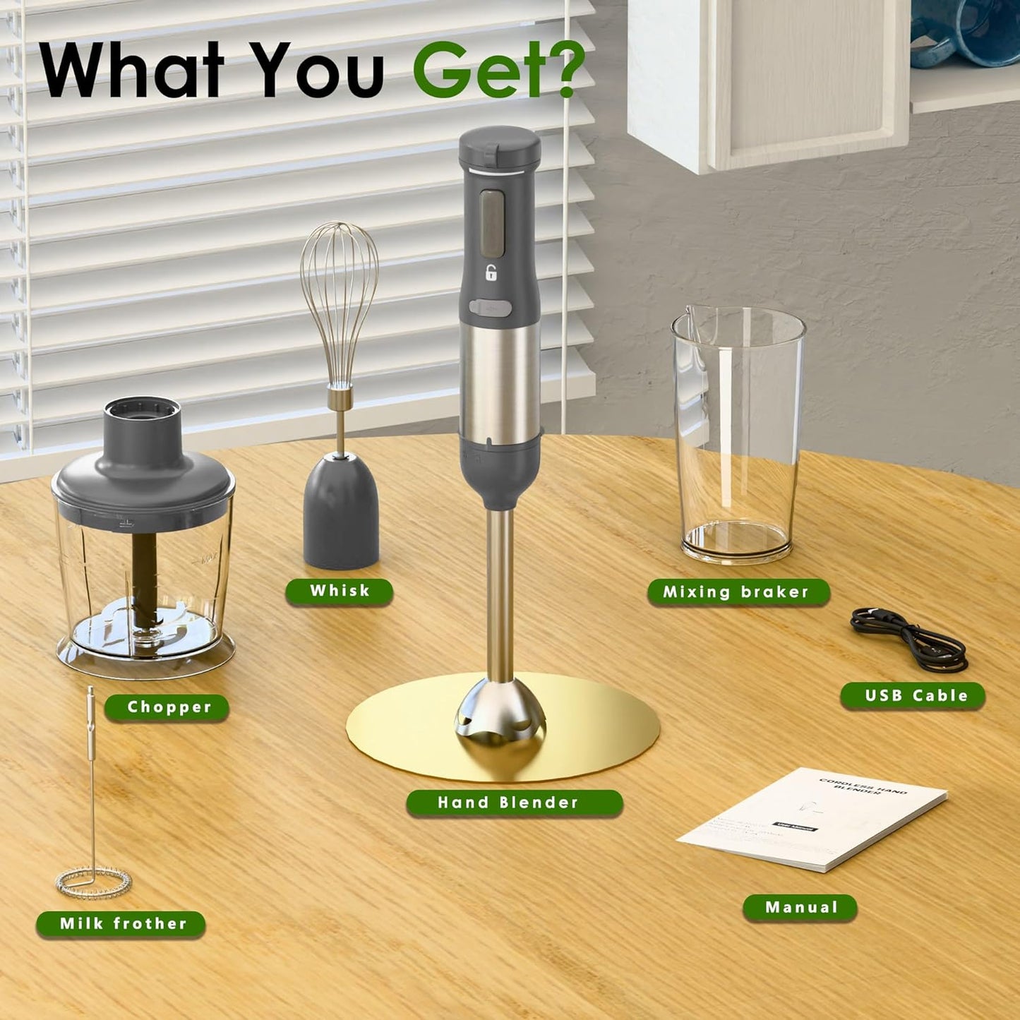 Skiennix Cordless Immersion Hand Blender - 5-in-1 Variable Speed, Rechargeable 2000mAh Battery, BPA-Free Accessories | Grey