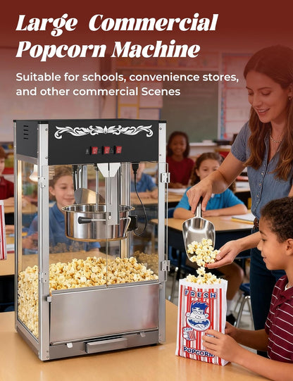 Skiennix 16oz Commercial Popcorn Machine - Authentic Countertop Popcorn Maker with Warming Deck, Black