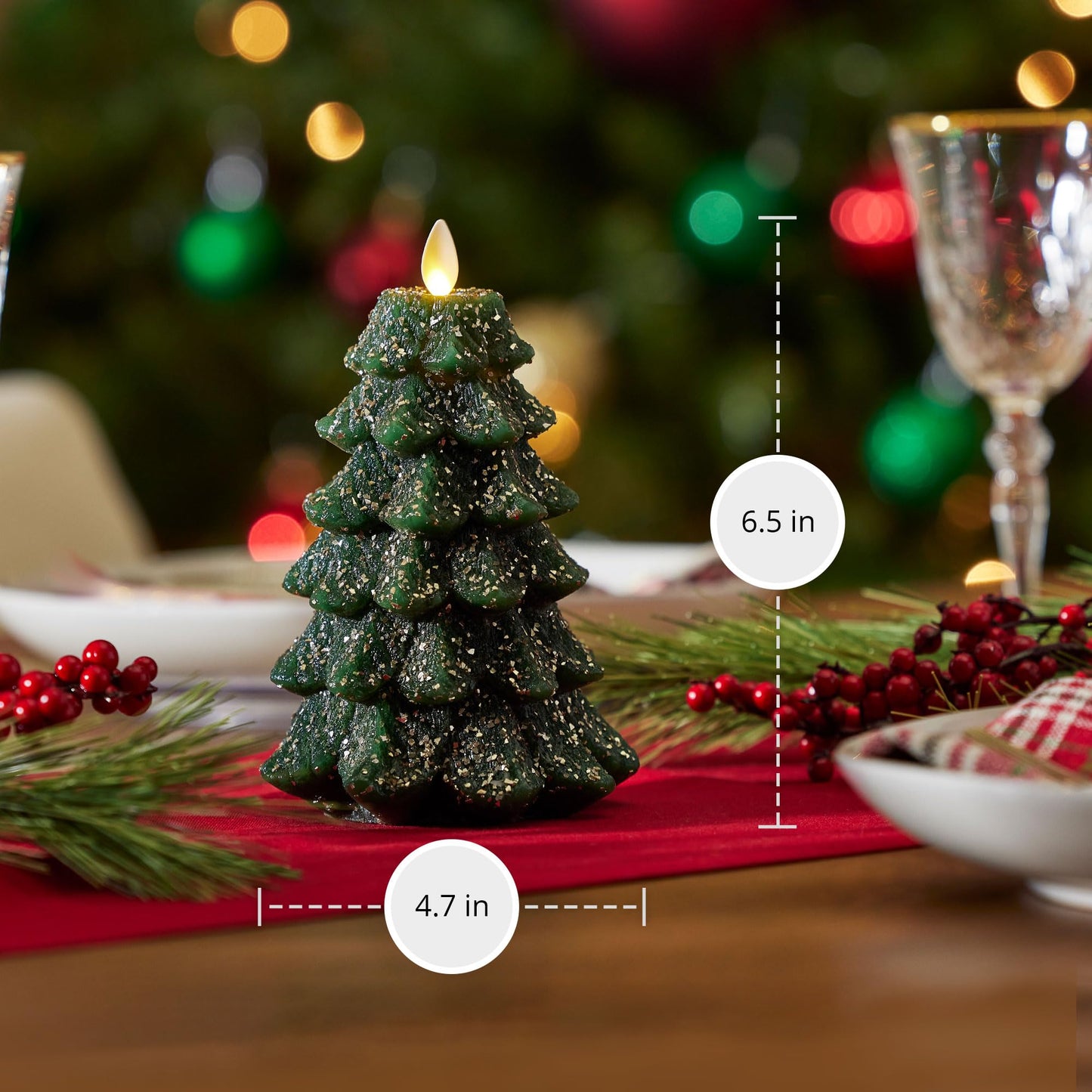 Luminara Christmas Tree Flameless LED Candle, Dark Green 4.7" x 6.5", Moving Flame Battery Operated Timer, Holiday Decor, Glitter Snow Finish Safe