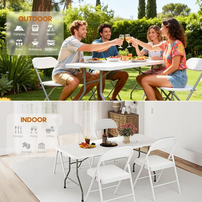 LUCKPRO 6ft Folding Table Heavy Duty 350 LBS Capacity Foldable Table with 18% Thicker HDPE Waterproof Top & Reinforced Steel Frame, Portable Fold-in-Half Table for Outdoor Indoor Party Wedding Camping