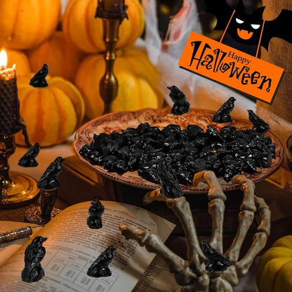 Bbiamsleep Mini Black Raven Figurines - 60 Pcs Halloween Decor for Miniature Houses