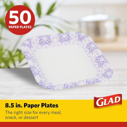 Glad Disposable Paper Plates - Soak Proof & Cut Proof | Heavy Duty, Microwaveable | 8.5" Diameter, 50 Count