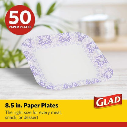 Glad Disposable Paper Plates - Soak Proof & Cut Proof | Heavy Duty, Microwaveable | 8.5" Diameter, 50 Count