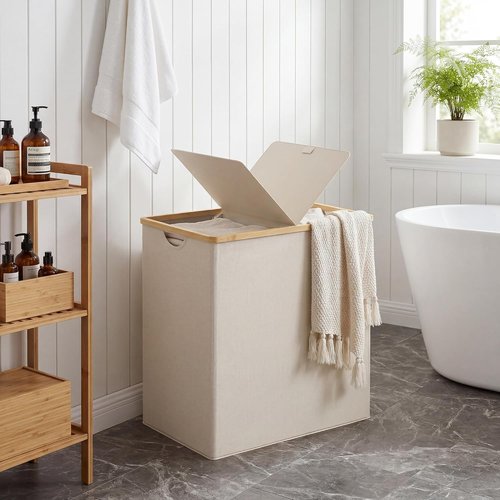 Efluky Laundry Hamper - Double Section Basket with Lid & Removable Bags - 140L Beige for Bathroom & Bedroom