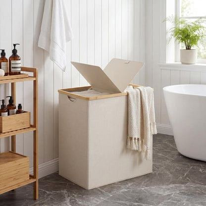 Efluky Laundry Hamper - Double Section Basket with Lid & Removable Bags - 140L Beige for Bathroom & Bedroom