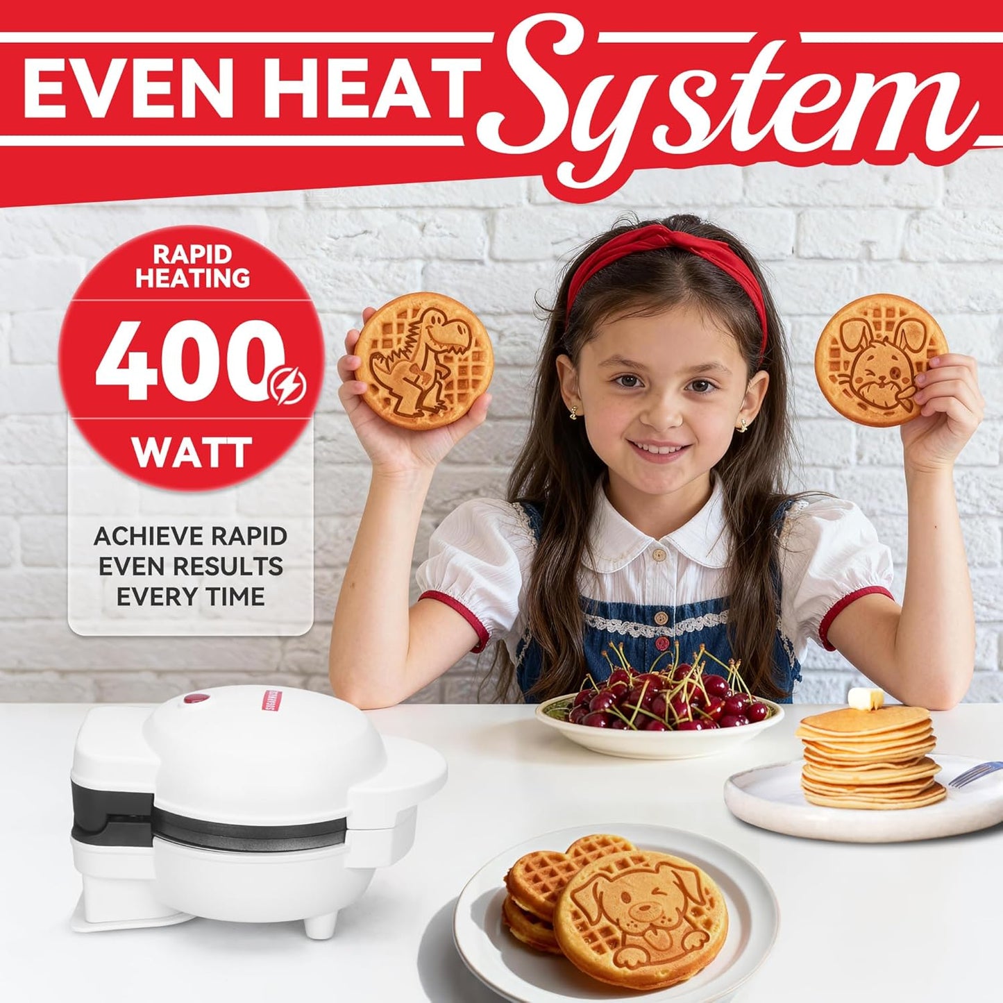 Skiennix 6-in-1 Mini Waffle Maker - Removable Plates & Premium Ceramic Coating, 4.5'' White Waffle Iron