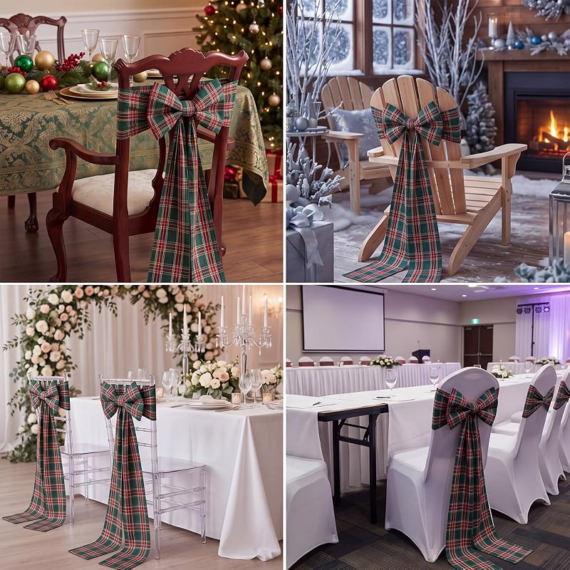 6 Pcs Christmas Chair Bows Decorations 43in Red Green Tartan Plaid – Green Variation
