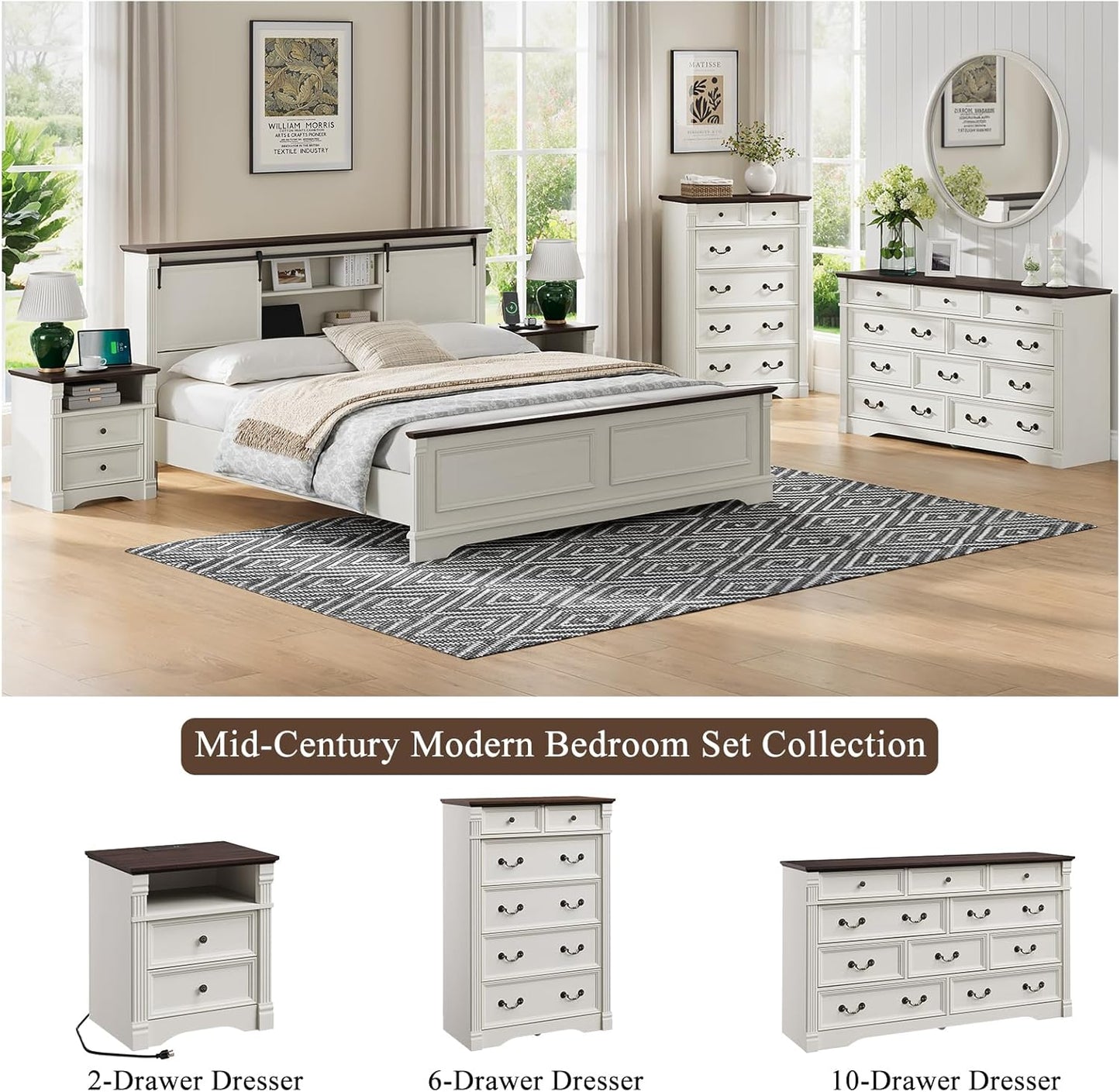 Regine Switzerland White 6-Drawer Dresser - Rustic Tall Chest with Chic Wood Pilasters | 47” Bedroom Organizer