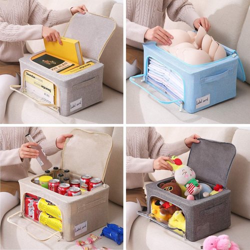 CYhom Foldable Storage Bins - Large Capacity Linen Fabric Organizer with Clear Window & Handles | 3-Pack (Small - 22L, Beige)