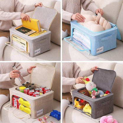 CYhom Foldable Storage Bins - Large Capacity Linen Fabric Organizer with Clear Window & Handles | 3-Pack (Small - 22L, Beige)