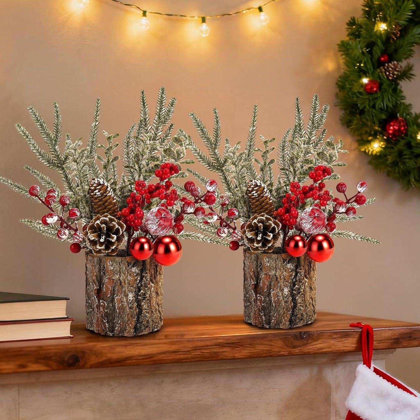 Regine Switzerland Christmas Table Centerpiece - Rustic Pinecones & Red Berries Decor | 2-Piece Set for Coffee Bar, Mantel & Entryway