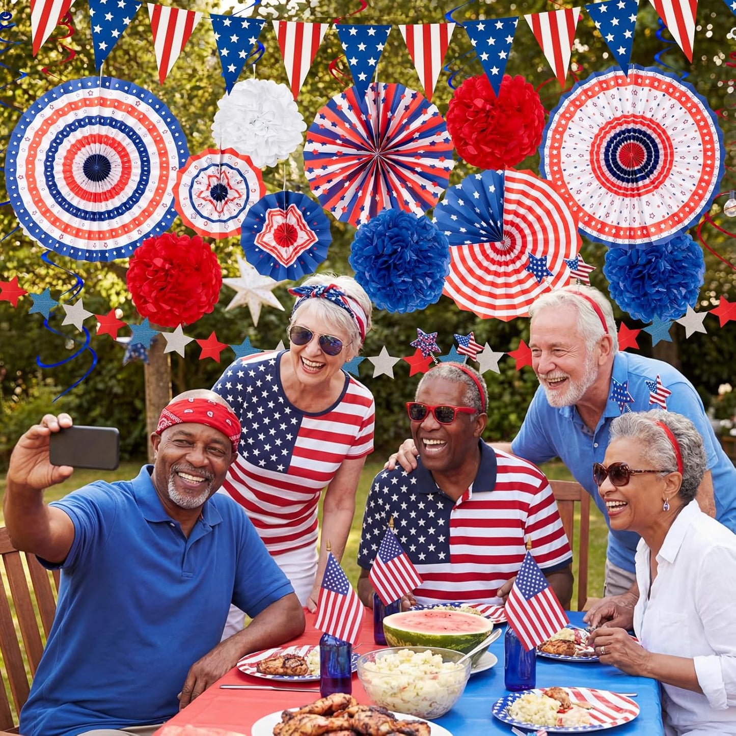 Red White Blue 29PCS Fourth of July Decorations Set | USA Flag Pennant, Paper Fans & Pom Poms
