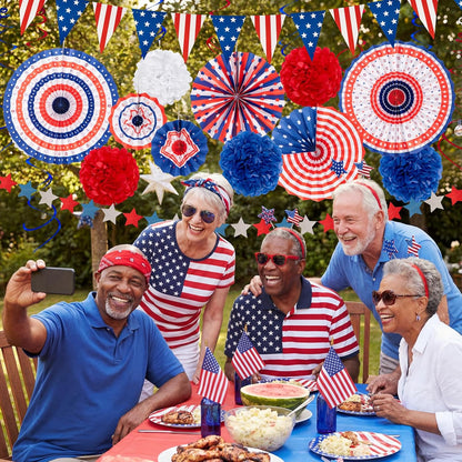 Red White Blue 29PCS Fourth of July Decorations Set | USA Flag Pennant, Paper Fans & Pom Poms