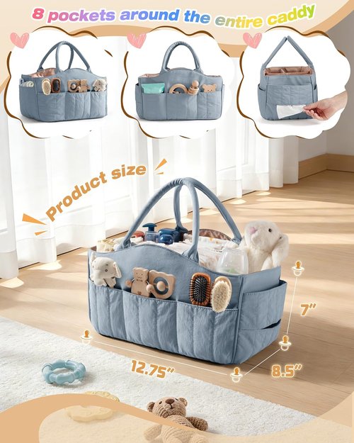 Marscamd Baby Diaper Caddy - Quilted Organizer with Detachable Dividers & Wipes Pocket | Dusty Blue, 8 Pockets