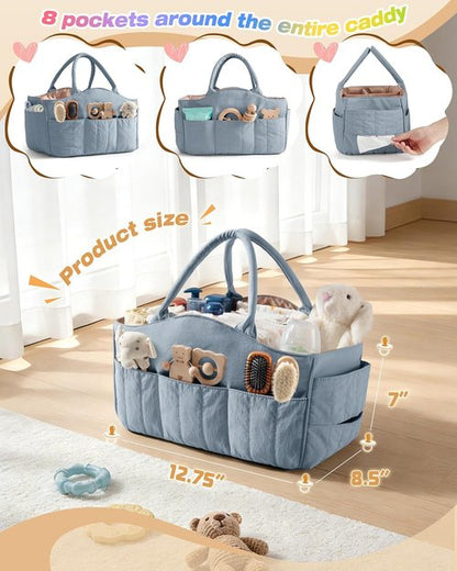 Marscamd Baby Diaper Caddy - Quilted Organizer with Detachable Dividers & Wipes Pocket | Dusty Blue, 8 Pockets