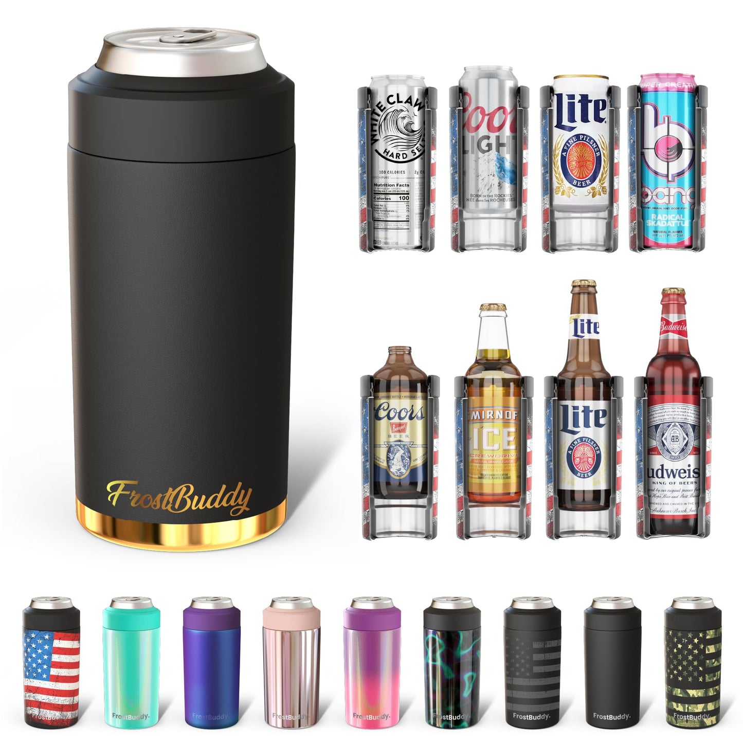 Frost Buddy Universal Can Cooler - Fits all - Stainless Steel Can Cooler for 12 oz & 16 oz Regular or Slim Cans & Bottles - Stainless Steel