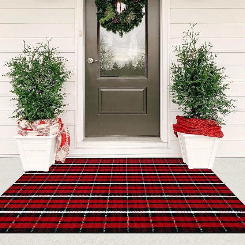 Buffalo Plaid Door Mat Outdoor 35"x59" red black Christmas Front Porch Rug - Variation: Christmas Red + 3' x 5'