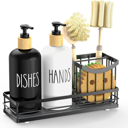 Moforoco Kitchen Dish Soap Dispenser Set - 16oz Glass Bottle with Non-Slip Silicone Pad & Brush Holder