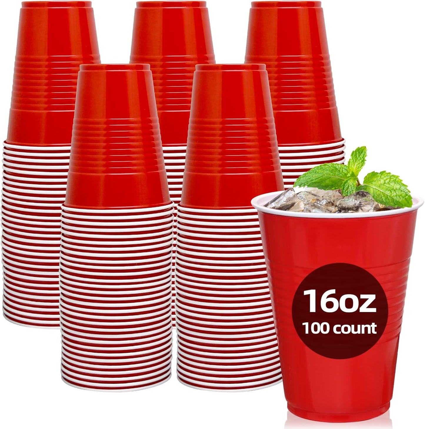 Red Plastic Cups - 16 oz Disposable Party Cups for Birthdays, Picnics & Easter | 100 Count