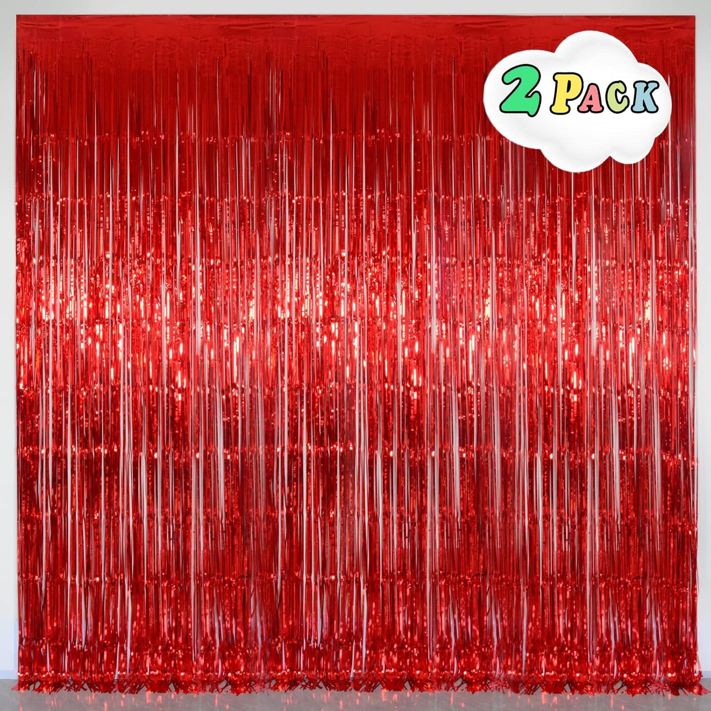 Melsan Red Tinsel Fringe Backdrop - 3.2 x 8 Ft Metallic Foil Curtains for Birthday & Photo Booth | 2 Packs